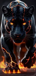 Black panther with glowing fiery accents running boldly.