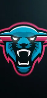 Vibrant panther logo in blue and pink colors on a dark background.