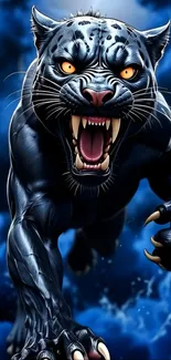 Fierce panther with intense gaze in blue-toned artwork.