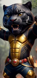 Fierce panther warrior in golden armor on a dynamic mobile wallpaper.