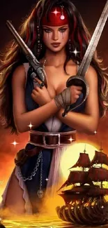 Fierce pirate woman with ship in fantasy artwork.