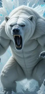 Dynamic art of a fierce polar bear roaring on ice.