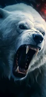 Fierce polar bear roaring in a dramatic scene.