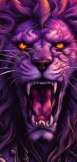 A fierce purple lion with fiery eyes and a detailed mane roars powerfully.