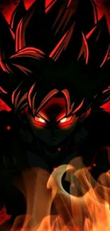 Red and black anime silhouette wallpaper featuring Goku with glowing eyes.