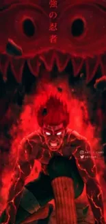 Intense red anime warrior with fiery backdrop.