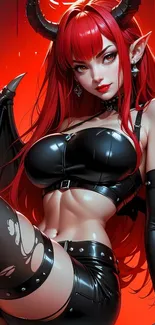 Anime demon girl with red hair and horns in fantasy art style.