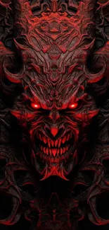 Fierce red demon with glowing eyes on a dark background.