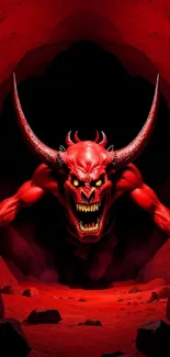 Fierce red demon in a dark cave, vivid and intense wallpaper.