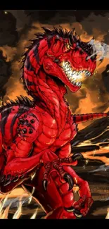 Red dinosaur in fiery landscape art wallpaper.