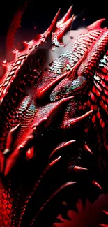 Vivid red dragon with striking scales and intense eyes in this fantasy artwork.