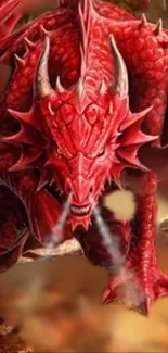 Fierce red dragon with intricate scales and large horns breathing fire.