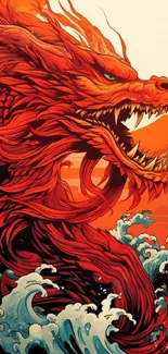 Fierce red dragon against ocean waves and setting sun background.