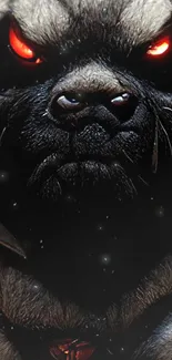 A fierce pug with glowing red eyes on a mobile wallpaper.