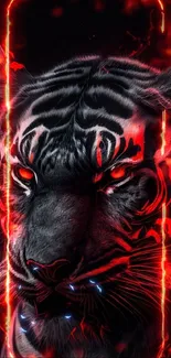 Fierce tiger with red eyes in a dramatic phone wallpaper.