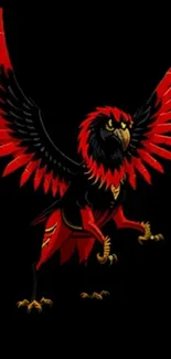 A fierce red griffin with vibrant wings on a dark background.