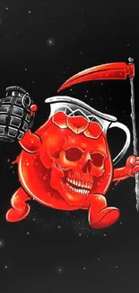 Vibrant red skull in pitcher with scythe on black background.