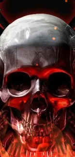 Metallic skull with red glow and flames in bold wallpaper art.