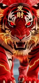 A fierce red tiger with lightning in a powerful mobile wallpaper.