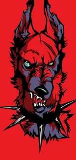 Stylized fierce wolf illustration on red background for mobile wallpaper.