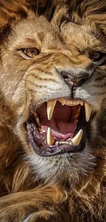 Close-up of a fierce roaring lion with majestic mane.