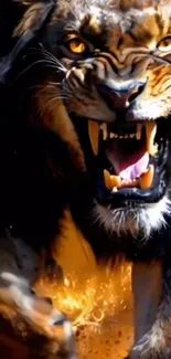 Roaring lion with fierce expression.