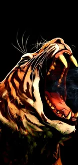 Artistic wallpaper of a roaring tiger with vibrant colors and shadows.