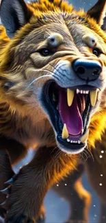 Fierce saber-toothed tiger roaring illustration with golden fur.