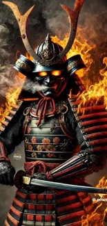 Fiery samurai warrior with glowing armor in intense flames.