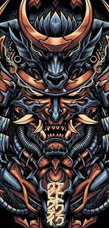 Fierce samurai mask art on mobile wallpaper.