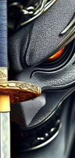 Samurai mask with a sword, dark and intense.
