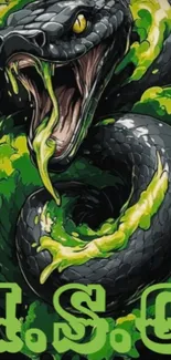 Fierce black snake with green accents on a phone wallpaper.