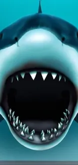 Digital artwork of a fierce shark emerging from a teal background.