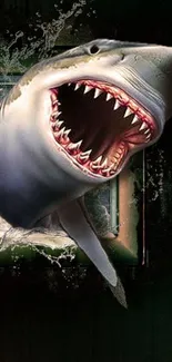 A fierce shark emerging through a dark background in mobile wallpaper.