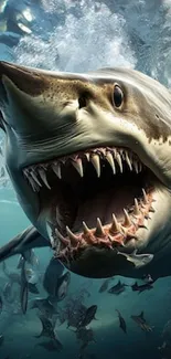 Great white shark swimming through ocean waters, showcasing powerful jaws.