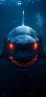 Fierce shark with glowing eyes under dark ocean waters.