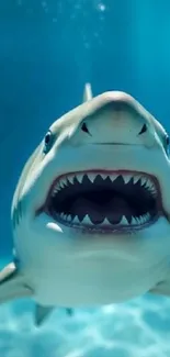 Close-up of a fierce shark underwater, showcasing its teeth.