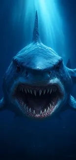 Close-up of a fierce shark swimming underwater, displaying its sharp teeth.