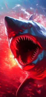 Fierce shark emerging in vibrant red and blue ocean background.