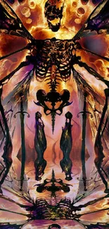 Fiery skeleton fantasy wallpaper with swords and vivid colors.