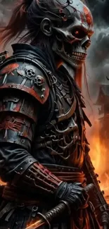 Skeleton samurai in armor with flames.