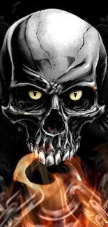 Fierce skull with yellow eyes and flames in a dark mobile wallpaper.