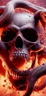 Skull entwined with a snake in dark red tones.