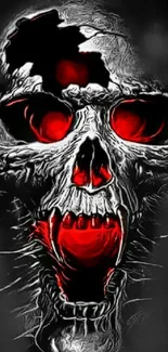 Fierce skull art with red accents and dark tones.