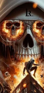 Fiery skull design with hooded figure in intense artwork.