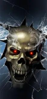 Skull breaks through shattered glass, glowing red eyes.