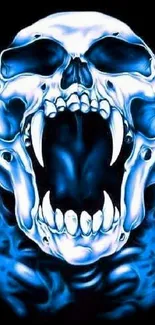 A fierce skull with blue flames on a dark background, perfect for a bold wallpaper.