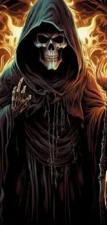 Skull in dark cloak surrounded by intense flames.