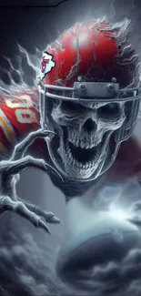 Skeleton in a football helmet with electric storm background.