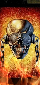 Skull with headphones and chains on fiery background.